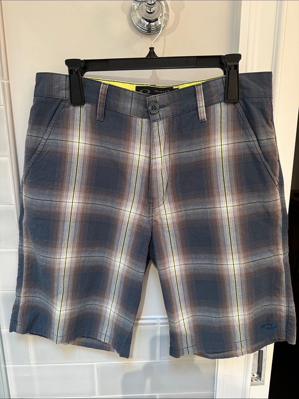 Oakley Men’s Navy Plaid Shorts with Khaki and Lime Accents inside shorts